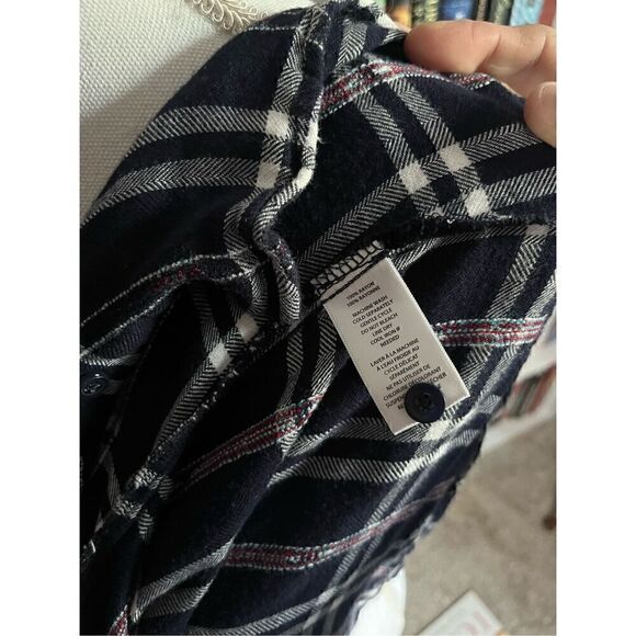 Beach Lunch Lounge Navy Blue White Plaid Cap Sleeve Button Front Shirt Medium - Picture 5 of 6